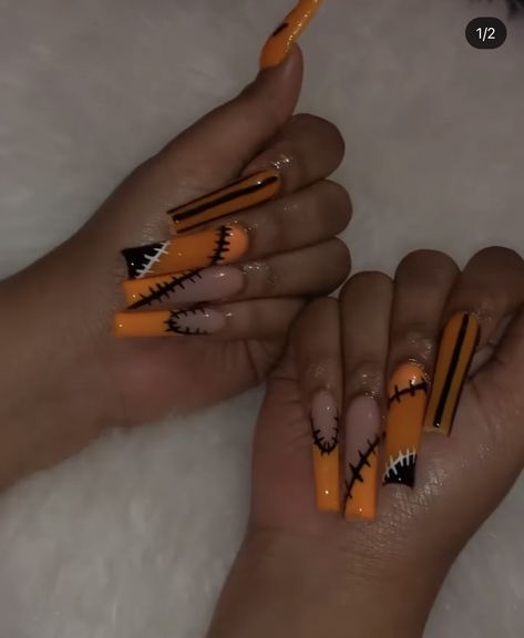 Halloween Nails Xl, Long Orange Nails, Long Halloween Acrylic Nails, Fall Nails Long, Orange Halloween Nails, Fall Time Nails, Halloween Acrylic Nails, Super Cute Nails, Long Nail Designs