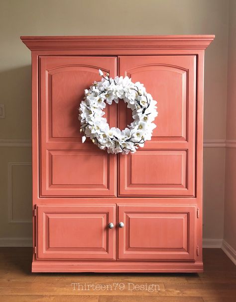 Orange Painted Furniture, Closet Armoire, Water Based Wood Stain, Painted Armoire, Furniture Redos, Easy Home Improvement, Tropical Interior, Antique Armoire, Seaside House