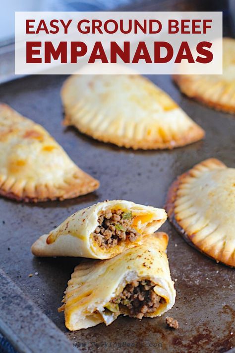 These Ground Beef Empanadas are delicious and easy to make!  Flaky, buttery pastry on the outside with a savory, smokey, salty ground beef filling. Simply start with ready-to-bake pie crust dough, cut out circles, make the filling with lean ground beef, then fill, fold, and seal! You can freeze them up to 4 months or bake immediately and enjoy! #empanadas #appetizers #easydinners #easyrecipes #beefempanadas Ground Beef Empanadas Recipe, Easy Beef Empanadas, Summer Ground Beef Recipes, Ground Beef Empanadas, Easy Empanadas Recipe, Ready Made Pie Crust, Beef Empanadas Recipe, Appetizing Food, Busy Mom Recipes