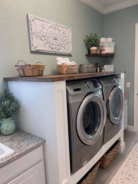 Washer On Pedestal Laundry Rooms, Diy Riser For Washer And Dryer, Lifted Laundry Machines, Laundry On Pedestals, Laundry Room Ideas Pedestal, Laundry Room Ideas With Pedestals, Pedestal Laundry Room Ideas, Raised Front Loader Laundry Room Ideas, Laundry Pedestal Diy