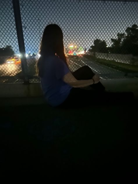 Aesthetic Girl on highway bridge with city lights Bridge Aesthetic Night, Highway Aesthetic, Tiktok Images, Highway Bridge, Bridge City, Girl Silhouette, Visual Media, City Aesthetic, Fall Leaves