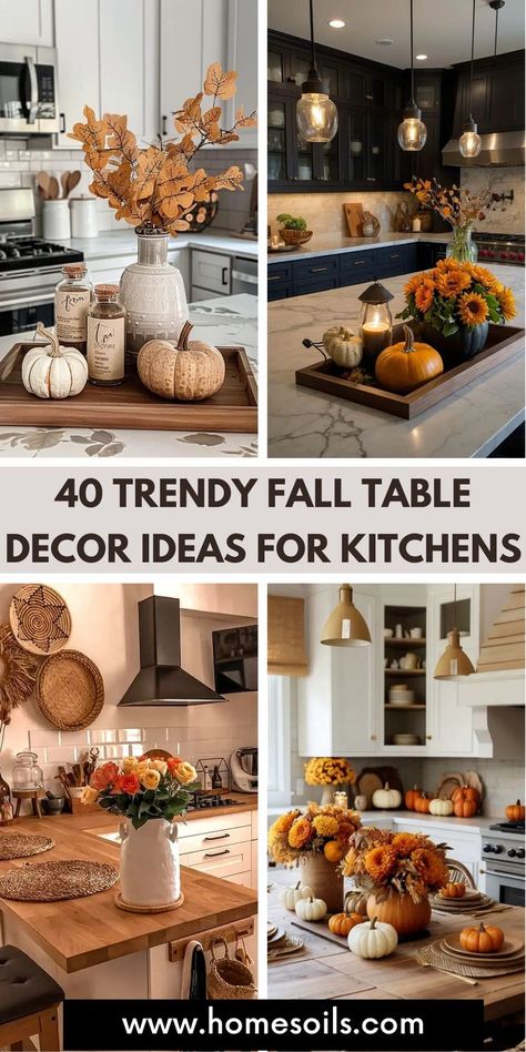 Spruce up your kitchen with these 40 trendy fall table decor ideas! From chic centerpieces to autumn-inspired accents, create a warm and stylish setting for the season. Visit our site for fresh inspiration to elevate your fall tablescape! Kitchen Island Thanksgiving Decor, Thanksgiving Sideboard Decor, Fall Rectangle Table Centerpiece, Kitchen Island Fall Decor Centerpieces, Farmhouse Table Centerpiece Ideas, Thanksgiving Countertop Decor, Table Centerpieces For Home Fall, Fall Dinning Room Table Center Piece, Fall Decor For Buffet Table