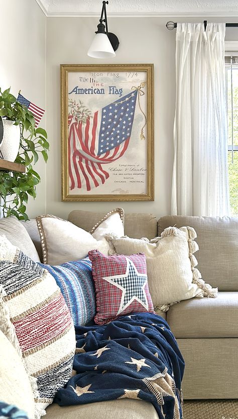 Red And Blue Decor Living Room, Modern Americana Decor, Americana Living Rooms, Modern Americana, Americana Home, Blue Living Room Decor, Home Of The Brave, Americana Decor, Blue Decor