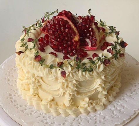 Persephone Party Theme, Pomegranate Cake Design, Pomegranate Wedding Cake, Pomegranate Wedding Decor, Ricotta Frosting, Persephone Wedding, October Elopement, Pomegranate Cake, Whipped Ricotta