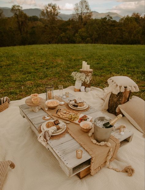 Picnic Wedding Proposal, Picnic In Mountains, Picnic With Pillows, Mountain Top Picnic, Picnic Set Up Photoshoot, Cottage Core Proposal, Boho Picnic Set Up, Picnic Wedding Aesthetic, Luxury Picnic Proposal