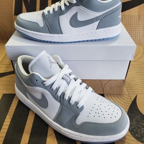 Air Jordan 1 Low White Wolf Grey Women Casual Lifestyle White Foundation, Air Jordan 1 Low White, Jordan 1 Low White, Casual Lifestyle, Womens Air Jordans, Wings Logo, White Wolf, Air Jordan 1 Low, Jordan 1 Low