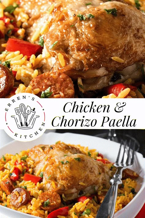 Chicken And Chorizo Paella Recipe, Chorizo Paella Recipe, Chicken And Chorizo Paella, Chorizo Recipes Dinner, Spanish Chicken And Chorizo, Spanish Chicken Recipes, Paella Recipes, Chorizo Rice, Chorizo Paella