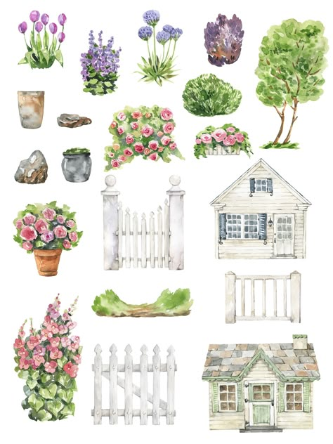 Watercolor Buildings, Logo Plant, Plant Png, Garden Clipart, Summer Country, Drawing Competition, House Clipart, Digital Invitations Wedding, Crafting Inspiration