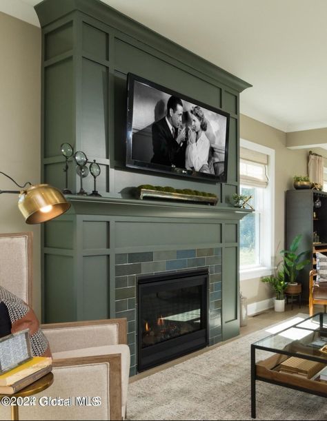 Craftsman Living Room With Tv, Painted Fireplace Green, Green Wall With Fireplace, Green Mantel Fireplace, Green Fireplace Surround, Green Painted Fireplace, Green Fireplace Mantle, Sage Fireplace, Green Fireplace Wall