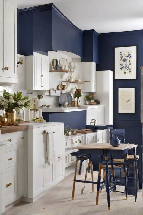 kitchen renovation,interior design services,luxury home decor,custom kitchen design Navy Blue Wall Kitchen, Navy Blue Kitchen Walls, Navy Kitchen Walls, Blue Kitchen Walls, Accent Wall In Kitchen, Light Oak Floors, Navy Blue Kitchen, Paint For Kitchen Walls, Navy Kitchen