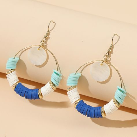 Blue Beaded Earrings, Beaded Jewelry Earrings, Homemade Earrings, Boho Hoop Earrings, Soft Clay, Beaded Earrings Diy, Clay Bracelet, Beads Bracelet Design, Clay Bead