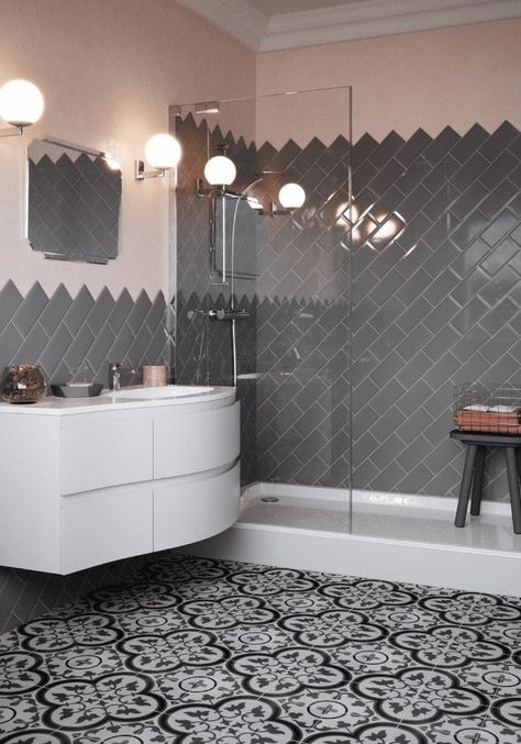 Grey Metro Tiles Bathroom, Popular Bedroom Colors, Metro Tiles Bathroom, Beautiful Tile Bathroom, Grey Bathrooms Designs, Grey Wall Tiles, Contemporary Home Interior, Dark Grey Walls, Metro Tiles