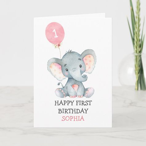 Pink Elephant Girl First Birthday 1st Birthday Card Elephant Cards, Donut Art, Birthday 1st, Painted Cards, 1st Birthday Balloons, 1st Birthday Card, First Birthday Cards, Watercolor Birthday Cards, Birthday Card Drawing