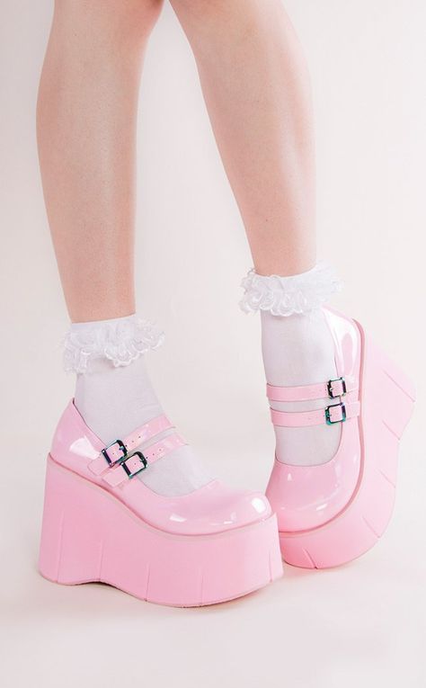 Pink Shoe Collection, Cute Pink Platforms, Pink Platform Mary Janes, Pastel Mary Janes, Cute Shoes Pink, Pink Demonia Shoes, Cute Pink Shoes, Platform Shoes Pink, Pastel Goth Shoes