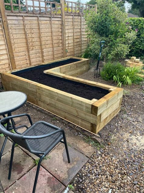 Wood Sleepers Garden, Garden Sleeper Border Ideas, Raised Planter Ideas Outdoor, Raised Beds Ideas Garden, Wooden Sleepers Garden, Sleeper Ideas For Garden, Raised Sleeper Flower Beds, Small Slabbed Garden Ideas, Sleeper Garden Ideas