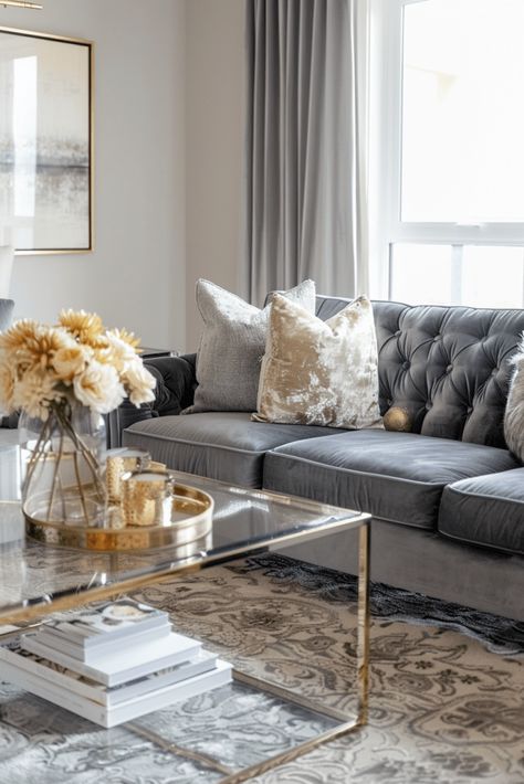 How to Design a Chic Living Room Around a Grey Sofa: 45  Ideas! Taupe And Gold Living Room, Gold And Grey Living Room, Grey Sofa Ideas, Charcoal Sofa Living Room, Cream And Gold Living Room, Velvet Sofa Gold, Champagne Living Room, Large Living Rooms, Grey Sofa Living Room