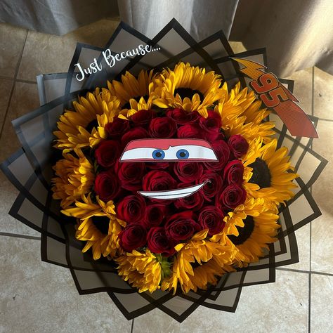 Lighting McQueen themed bouquets to make his heart race !!Dm to order with @bouquetsbykarla !🏎️💨❤️ • • • #inalndempire #florist #lightningmcqueen #bouquetsforhim #forhim #bouquets #disney Disney Bouquet, Lightning Mcqueen, Florist, Disney, Flowers