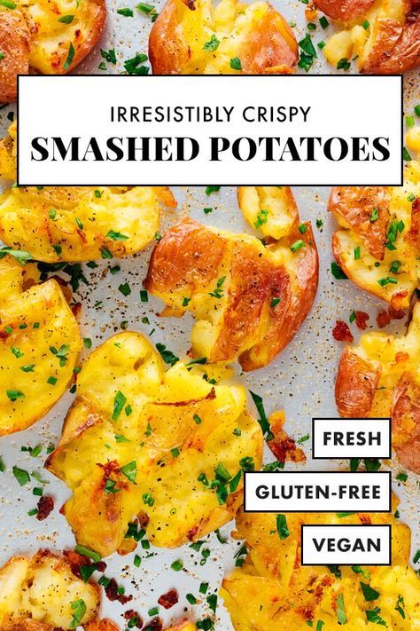 These crispy smashed potatoes are utterly irresistible! I dare you not to eat them straight from the pan. #smashedpotatoes #crispypotatoes #potatorecipe #cookieandkate Healthiest Cheese, Smashed Sweet Potatoes, Caesar Pasta Salad, Caesar Pasta, Smashed Potatoes Recipe, Crispy Smashed Potatoes, Potato Toppings, Meatless Recipes, Veggie Tales