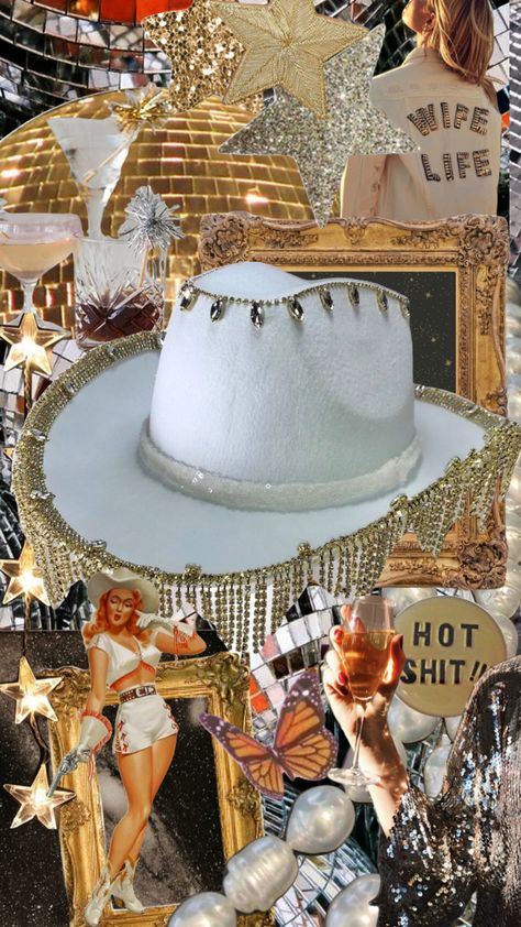 Golden gals #yeehaw #rhinestone #cowgirl #cowboy #cowthey #hat #fringe #gold #embellished #country #western #white #sequin #tassels #tassle #strass #bling White And Gold Hen Party, Rhinestone Cowboy Aesthetic, Gold Cowgirl Outfit, Rhinestone Cowboy Party, Cowgirls And Cocktails, Rhinestone Cowgirl Aesthetic, Rhinestone Cowgirl Bachelorette, Golden Cowgirl, Jungle Disco