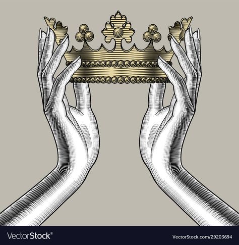 Drawing Crown Queens, Wearing Crown Reference, Crowning Someone Reference, Queen Crown Drawing Artworks, Hands Holding Crown Drawing, Vintage Crown Illustration, Hands Holding Crown Reference, Holding A Crown Pose, Monarchy Illustration