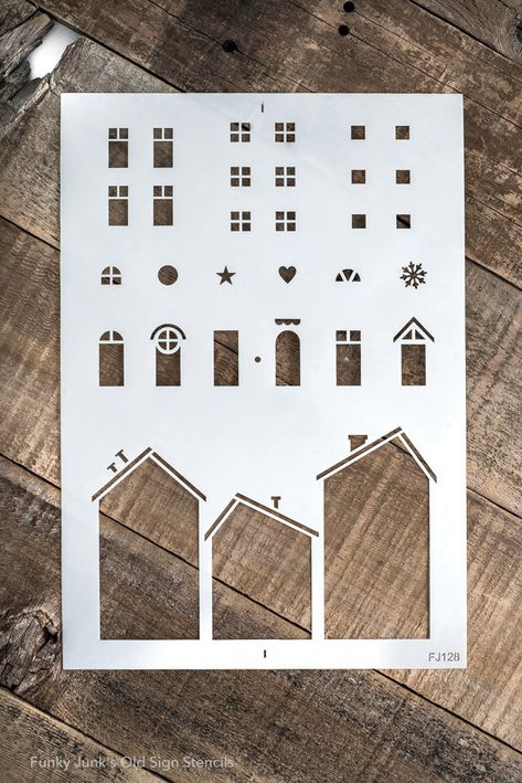 DIY Christmas village with wood and stencils - Funky Junk InteriorsFunky Junk Interiors Wood Stencil Projects, Scrap Wood Christmas Village, Wood Houses Craft Christmas, Small Wooden Houses Craft, Wood House Decor, Diy Christmas Village Houses, Houses Farmhouse, House Christmas Decor, Pottery Templates