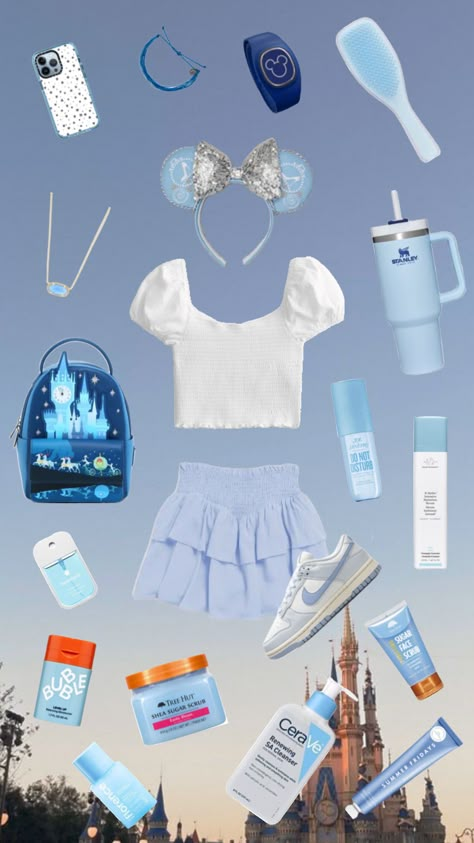 #cinderella #blue #white #outfitinspo #beauty #cute #preppy #disney #princess #disneyprincess #disneyworld #magickingdom #castle #skincare #disneybounding #disneyland Cinderella Disneybound, Disney Parks Outfits, Disney Park Outfit, Disney Character Outfits, Disney Bound Outfits Casual, Disney Trip Outfits, Disney Outfits Women, Cinderella Blue, Disney Princess Outfits