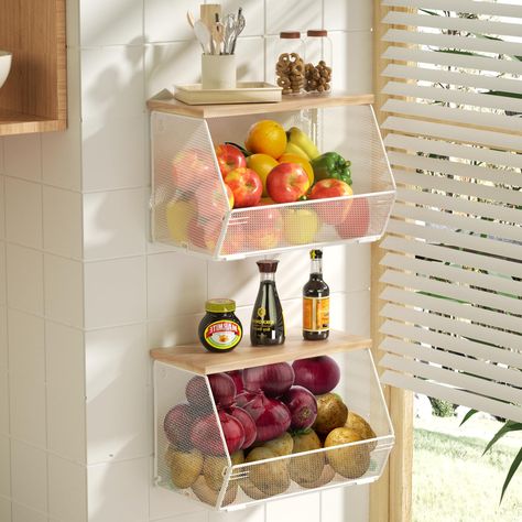 PRICES MAY VARY. 【Multi-purpose Storage Basket 】Litwaro fruit baskets are suitable for kitchen, bathroom, office, pantry and more. For the kitchen countertop organizer, you can store fruit, vegetables, bread, butter jars, coffee and more. Hanging baskets can even be used as a bathroom shelf for towels and bodywash. For the pantry, you can store some dry goods, cereal, chips, candy and soda, and kids can easily see the snacks and decide what they wish. 【Sturdy and Reliable】Produce baskets are mad Fruit Kitchen Storage, Potato Storage Ideas, Fruit Basket Ideas Kitchen, Fruit Storage Ideas, Produce Organization, Onion And Potato Storage, Hanging Kitchen Storage, 2 Tier Fruit Basket, Bathroom Shelves For Towels