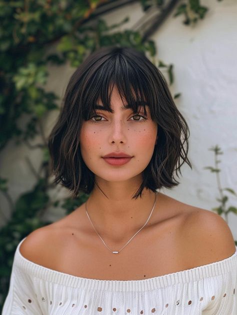 Trendy Bob Hairstyles with Bangs for 2024 Wispy Side Bangs Short Hair, Bob Wispy Bangs, Short Bob Hairstyles With Fringe, Bob And Fringe, Layered Bob With Fringe, Bob With Wispy Bangs, Bob With Fringe Bangs, Elle Greenaway, Very Short Bangs