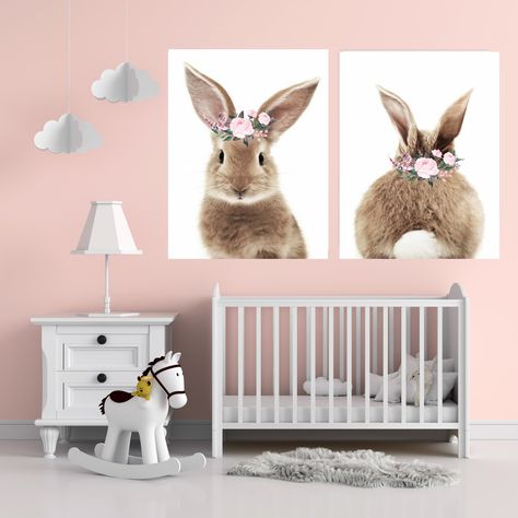 Bunny Nursery Art, Animal Prints Nursery, Themed Kids Room, Art For Nursery, Bunny Nursery, Bunny Painting, Boquette Flowers, Rabbit Art, Nursery Animal Prints