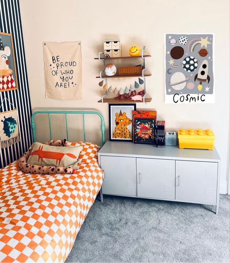 Toddler Boy Room Colorful, Tiny Boys Bedroom, Orange Boys Bedroom, Eclectic Boys Room, Toddler Bedroom Boy, Boys Bedroom Ideas Toddler, Retro Boys Room, Orange Boys Rooms, Colorful Boys Room