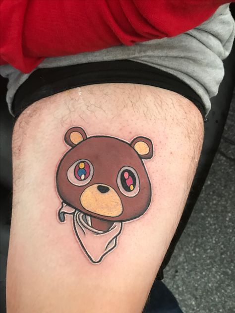 Kayne  West Teddy Bear tattoo Teddy Bear Tattoo For Men, Kanye West Bear Tattoo, Kanye Bear Tattoo, Bear Tattoo Outline, Kanye Tattoo, Teddy Tattoo, Music Tats, Kanye Bear, Cuticle Tattoos