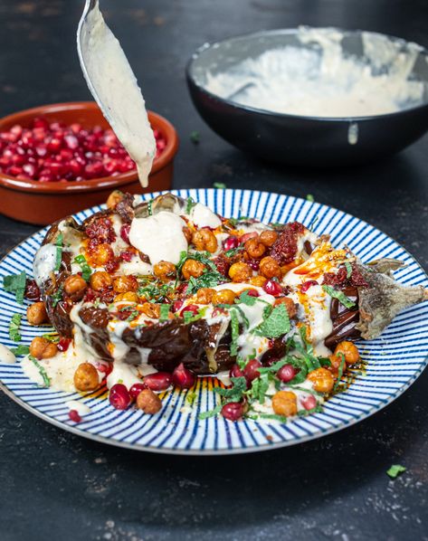 Topped with crunchy chickpeas and pomegranate Mob Recipes, Garlic Tahini Sauce, Stuffed Aubergine, Retreat Food, Mob Kitchen, Crunchy Chickpeas, Fast 800, Food Chart, Crispy Chickpeas