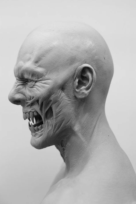 A stunning 'Dracula Untold' concept sculpt by the phenomenal prosthetic makeup artist Josh Weston Vampire Face Reference, Vampire Prosthetics Make Up, Horror Prosthetic Makeup, Extreme Emotions Reference, Vampire Creature Design, Vampire Hiss, Monster Teeth Drawing Reference, Vampire Design Character, Rage Drawing Reference