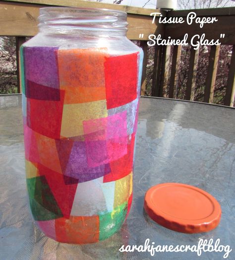 Tissue paper and mod podge faux "stained glass" jar. Stained Glass Crafts For Kids, Tissue Paper Mache, Modge Podge Glass, Mod Podge Glass, Fall Paper Crafts, Crafts With Glass Jars, Stained Glass Candles, Paper Vase, Jar Art