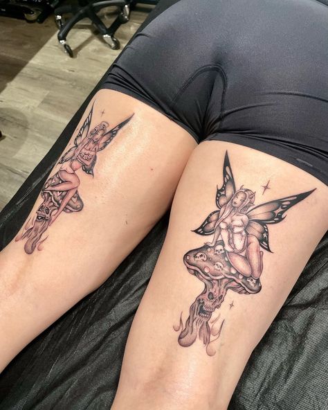 Mushroom fairy 💕😈🍄☠️ #fairytattoo #miss_preciouss Creepy Fairy Tattoo, Fairy Hand Tattoo, Fairy On Mushroom Tattoo, Dark Fairy Tattoo, Faerie Tattoo, Gothic Fairy Tattoo, Libra Tattoos, Libra Tattoo, Mushroom Tattoos