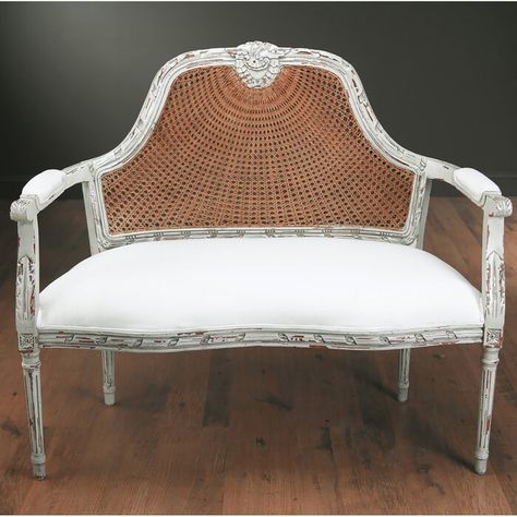 Wood Settee, Upholstered Settee, White Rattan, Design Toscano, Linen Cushion, Settee, Shabby Chic Furniture, Upholstered Sofa, Antique White