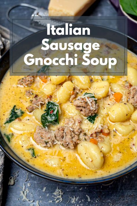 Bring home the flavors of Tuscany with this Creamy Sausage Gnocchi Soup. It's an easy, hearty meal that the whole family will love, full of Italian sausage and gnocchi goodness. Gnocchi With Chicken Sausage, Fall Soup Recipes Gnocchi, Creamy Italian Gnocchi Soup, Chorizo Gnocchi Soup, Soups Made With Gnocchi, Creamy Sausage And Gnocchi Soup, Soup Recipes Using Gnocchi, Beef And Gnocchi Stew, Sausage Beer Cheese Soup