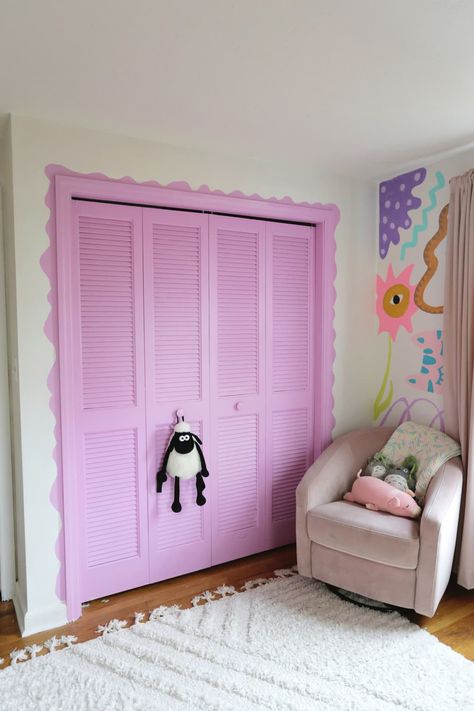 Sarah admits to utilizing design tools to design their home. "Using Pinterest is a tool I swear by when it comes to designing and decorating!"  Credit: <a href="https://gummergal.com/">Laura Gummerman</a> Pink And Purple Kids Room, Tree Bedroom, Painted Closet, Bifold Closet Doors, Sectional Sofas Living Room, Pink Living Room, Dining Room Colors, Closet Makeover, Closet Doors