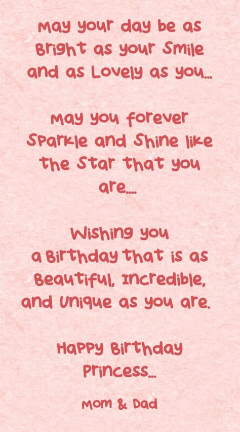 Dear Simran May your day be as Bright as your Smile and as Lovely as you...  May you forever Sparkle and Shine like the Star that you are....   Wishing you a Birthday that is as Beautiful, Incredible, and Unique as you are.    Happy Birthday Princess... Birthday Wishes For Princess, Unique Way Of Wishing Birthday, Idol Birthday Wishes, Wishing You Happiness Quotes, Birthday Wishes For Idol Person, Birthday Wishes Unique Ideas, Unique Birthday Wishes For Love, Birthday Wishes For Didi In English, Happy Birthday Didi Quotes