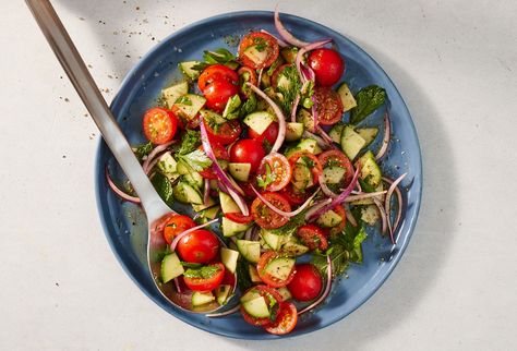 Delish Cucumber Tomato And Onion Salad, Tomato And Onion Salad, Grilled Corn Salad, Cool As A Cucumber, Caramel Pudding, Pudding Shots, Onion Salad, Cucumber Recipes Salad, Summer Side Dishes