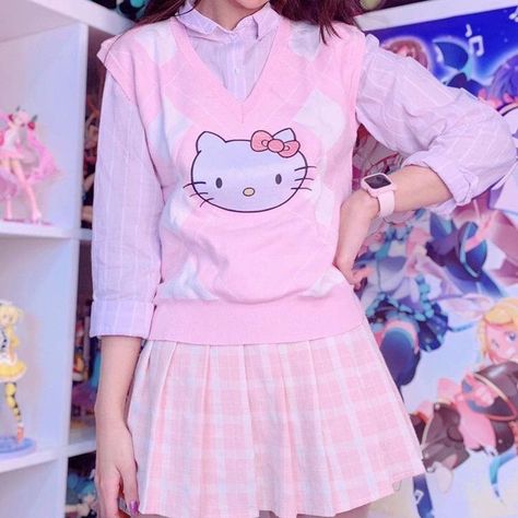 Hello Kitty Sweater Vest, Sanriocore Outfits, Hello Kitty Sweater, Hello Kitty Outfit, Sanrio Outfits, Kitty Outfit, Kitty Sweater, Hello Kitty Clothes, Pastel Outfit