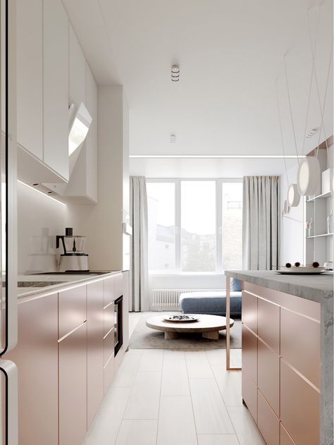 Pastel Home Interior, Rose Gold Interior, White Cupboards, Wardrobe Kitchen, Rose Gold Kitchen, Pastel Interior, Pastel Home, Style Apartment, Pastel House