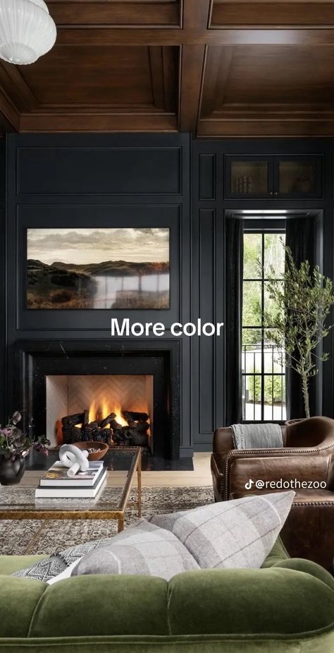 Next To Fireplace Ideas, Tv Next To Fireplace Ideas, Tv Next To Fireplace, Victorian Fireplace Ideas, Brown Livingroom, Dark Fireplace, Lake House Basement, Coffer Ceiling, European Apartment