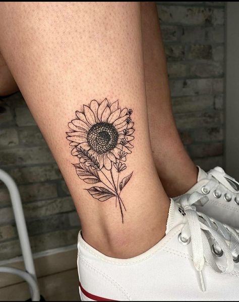 Sunflower Shin Tattoo, Ankle Sunflower Tattoo, Sunflower Ankle Tattoo, Moving Forward Tattoo, Upper Leg Tattoos Women, Sunflowers Tattoos, Upper Leg Tattoos, Shin Tattoo, Anklet Tattoos