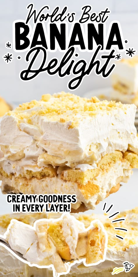 It’s time to get tropical with this creamy layered banana delight. The delicious dessert is the perfect mix of sweet cream cheese, banana pudding, and fluffy whipped cream, with a little crunch from the vanilla wafer crust. Pudding Delight Dessert, Layer Dessert Recipes Puddings, Banana Pudding Nilla Wafer Recipes, Banana Pudding With Cake, Banana Pudding Made With Cream Cheese, Banana Pudding Delight, Banana Pudding Delight Recipe, Banana Pudding Crunch Cake, Banana Pudding Cheesecake Delight