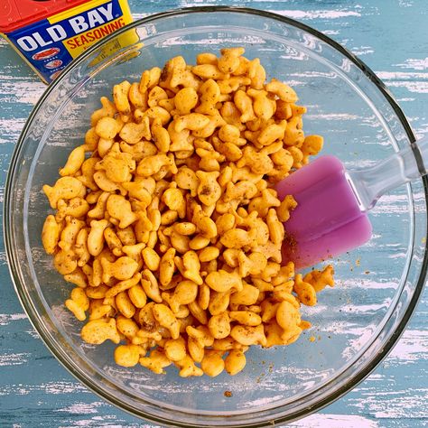 Goldfish Snack Mix Recipes, Old Bay Snacks, Homemade Goldfish Crackers Healthy, Party Mix With Goldfish, Old Bay Popcorn, Old Bay Goldfish Crackers, Old Bay Goldfish, Cheesy Crackers, Peanut Butter Popcorn