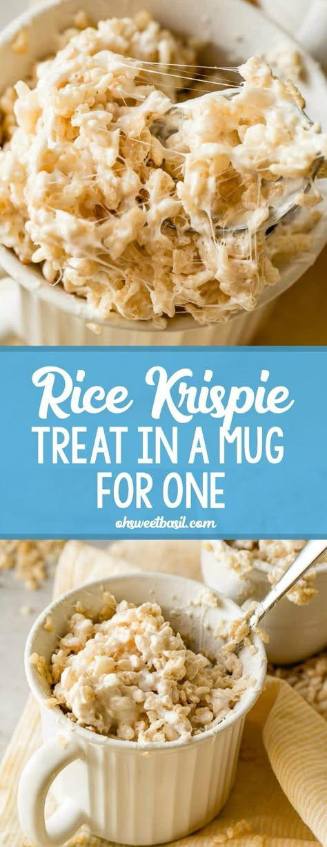 Kids love them. Adults love them. They are a great dessert to feed a crowd, but what if you just need a quick Rice Krispie treat fix but don't want a whole pan of them tempting you all week long? My sister and her family make little Rice Krispie treat in a mug for one so that they don't have a bunch of dessert sitting around that everyone keeps munching on. I thought it was such a great idea! #dessert #dessertforone #mugdesserts #ricekrispies #ricekrispietreat #marshmallow #quickdesserts Dessert To Feed A Crowd, Microwave Mug Recipes, Quick Rice, Small Batch Baking, Cake Mug, Single Serve Desserts, Single Serving Recipes, Feed A Crowd, Mug Recipes