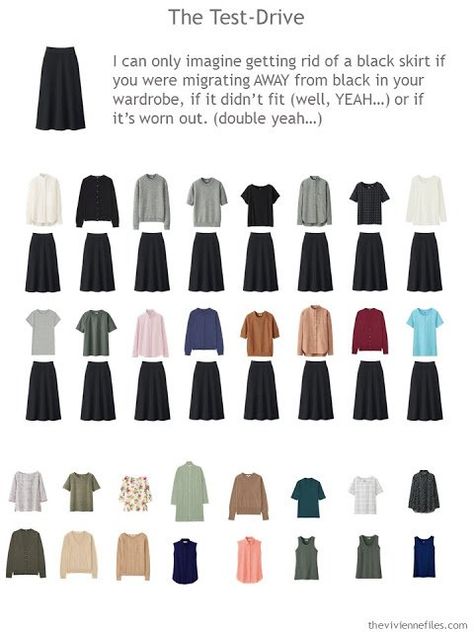 How to test-drive a black skirt in your wardrobe Closet Decluttering, Black Midi Skirt Outfit, Business Capsule Wardrobe, Cleaning Out Your Closet, Create Capsule Wardrobe, Wardrobe Organization, Capsule Wardrobe Women, Chic Clothing Style, The Vivienne Files