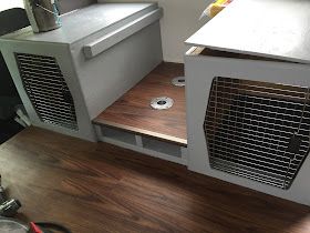 Fifth Wheel Dog Kennel, Vanlife Dog Kennel, Pop Up Camper Dog Hacks, Dog Crate In Rv, Skoolie With Dogs, Dog Crate In Camper, Rv Dog Kennel Ideas, Skoolie Storage, Rv Rebuild