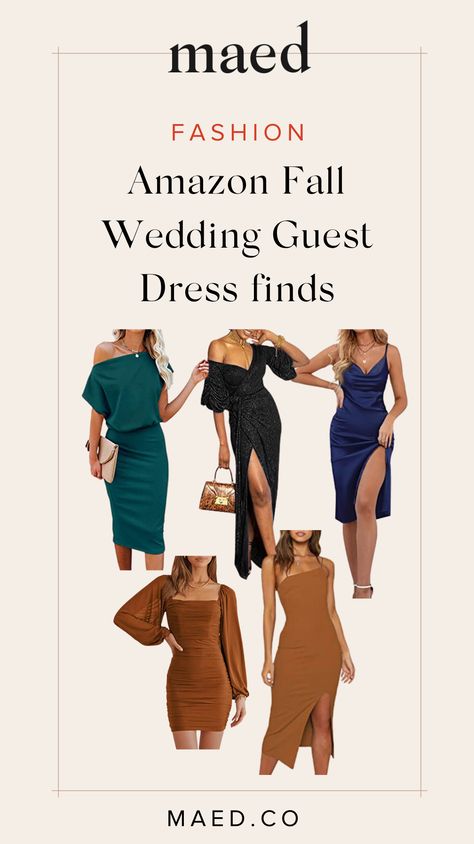 Have an upcoming fall wedding you are attending but not sure what to wear? MAED is sharing this round up of all her favorite fall wedding guest dresses from Amazon. These fall cocktail dresses are the perfect fall wedding guest outfit. Follow for more amazon must-haves and amazon fashion finds (includes affiliate links) Cocktail Wedding Guest Dress Fall, Fall Dress Amazon, Amazon Wedding Guest Dress Fall, Amazon Fall Wedding Guest Dress, Fall Cocktail Dresses, Fall Cocktail Dress Wedding Guest, Wedding Guest Dress Amazon, Amazon Wedding Guest Dress, Fall Wedding Guest Outfit